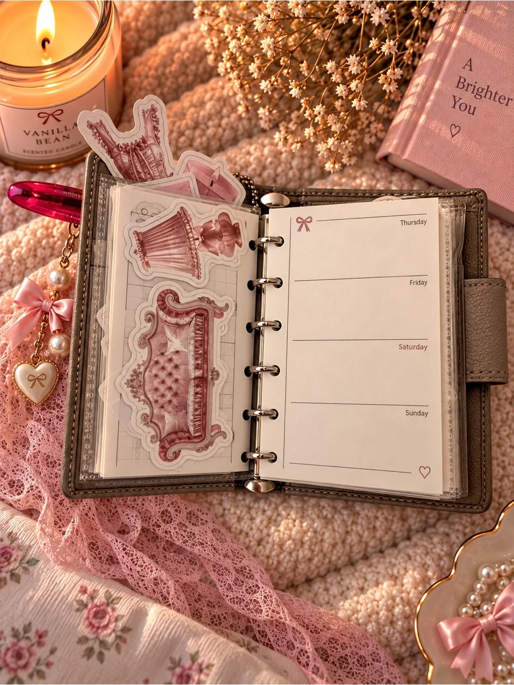Coach Taupe Leather Card Holder with Pink Bow Charm and Hot Pink Pen